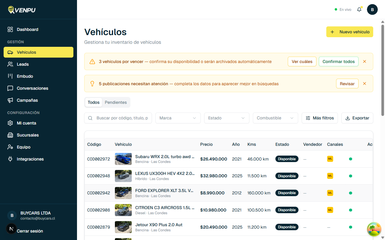 Banner de vehiculos por vencer en el listado de vehiculos