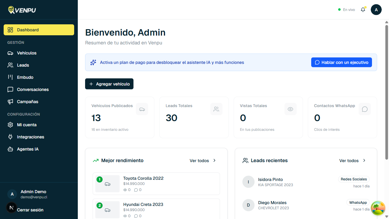 Dashboard de Venpu mostrando estadisticas de vehiculos y leads