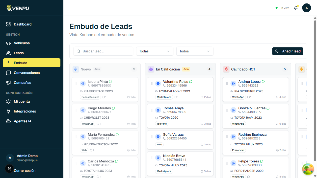Vista del embudo de leads en Venpu con columnas Nuevo, En Calificacion y Calificado HOT
