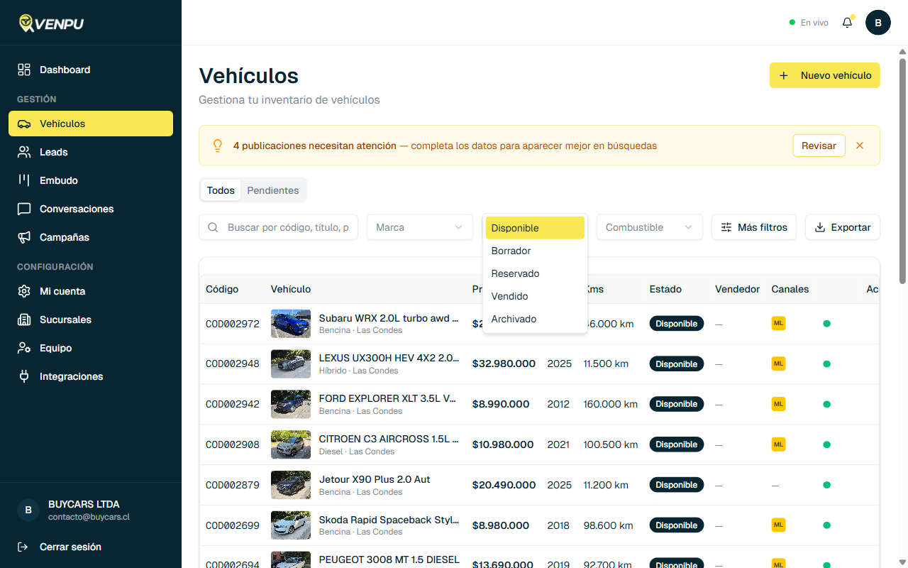Opciones del filtro de estado: Disponible, Borrador, Reservado, Vendido, Archivado