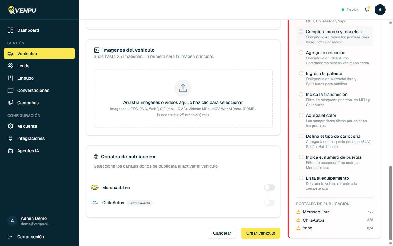 Seleccion de canales de publicacion y portales disponibles