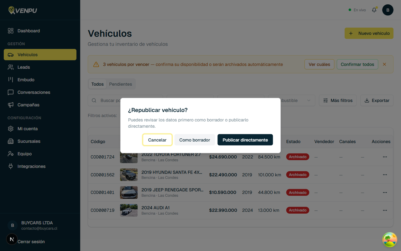 Dialogo de confirmacion para republicar vehiculo