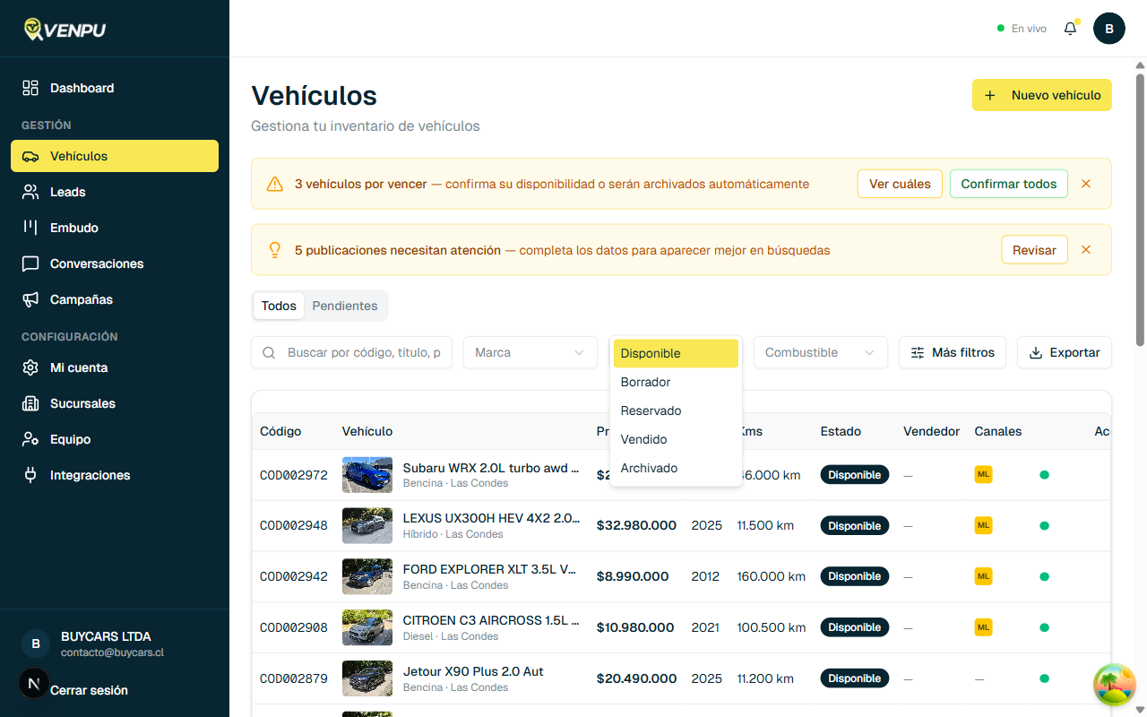 Filtro de estado mostrando la opcion Archivado