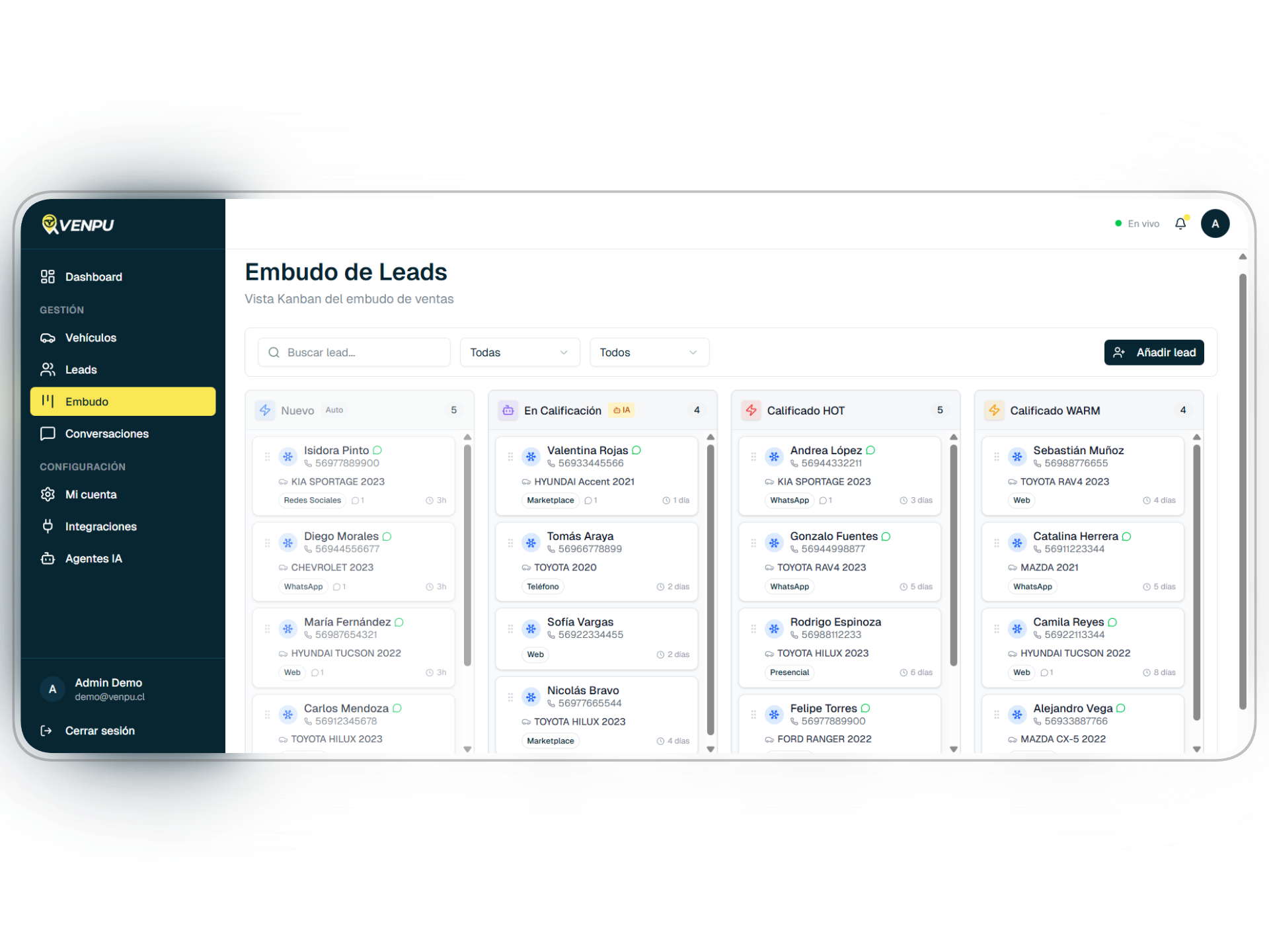 Pipeline de leads en Venpu mostrando etapas de calificación